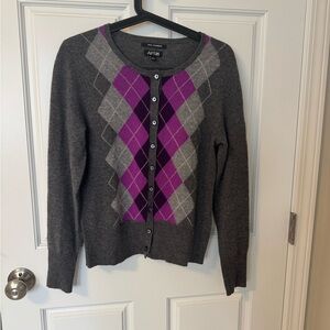 Apt. 9 100% Cashmere Women's Charcoal and Magenta Argyle Cardigan